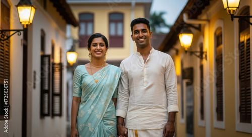A joyful couple in traditional Kerala attire posing together on diwali festival