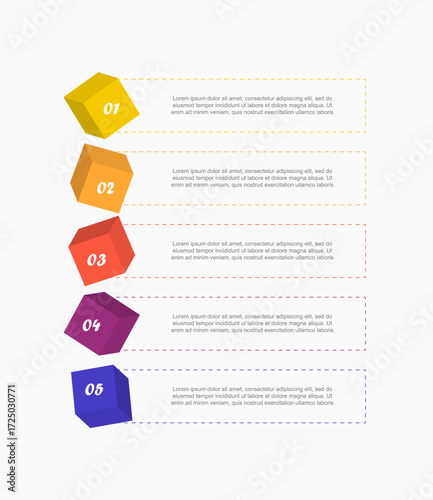Step by step vertical infographic template with 5 options, parts or processes.