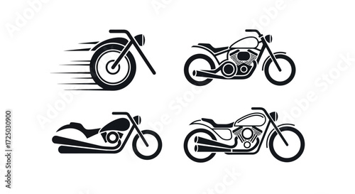 Four distinct black motorcycle silhouettes in a grid arrangement showcasing different styles and motion effects isolated on transparent background silhouette