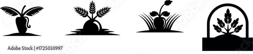 Collection of four stylized black silhouette logos representing agricultural growth and farming concepts isolated on transparent background