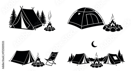 Collection of four distinct black and white camping scenes featuring tents campfires and trees in a graphic silhouette style isolated on transparent background