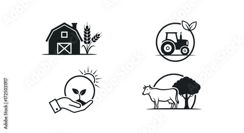 Collection of four distinct farm and agriculture related silhouette icons including a barn with wheat a tractor in an oval a hand holding a sprouting plant and a cow with a tree isolated on transparen