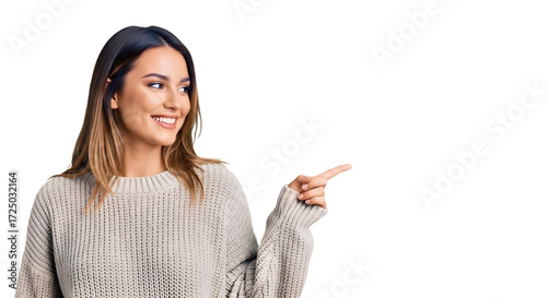 Happy young woman pointing to the side isolated PNG with Transparent Background