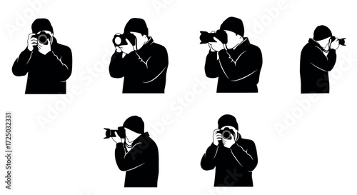 Four distinct black silhouette figures of photographers actively capturing images with cameras in various dynamic poses isolated on transparent background silhouette