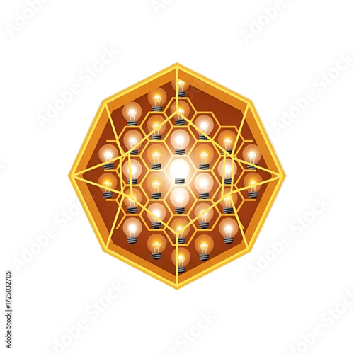 Hexagonal grid with multiple light bulbs arranged in a honeycomb pattern, icon set design