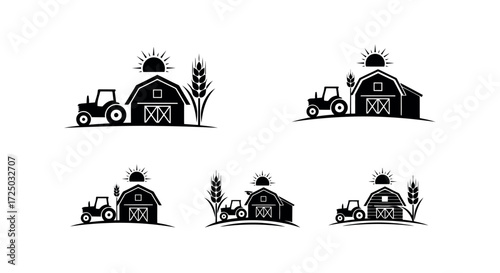Collection of five rustic farm scenes featuring tractors and barns with a stylized sun and wheat stalks silhouette isolated on transparent background