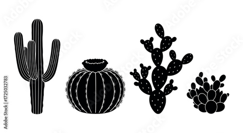 Collection of various desert cactus silhouettes in black and white showcasing different shapes and sizes of arid plants isolated on transparent background silhouette