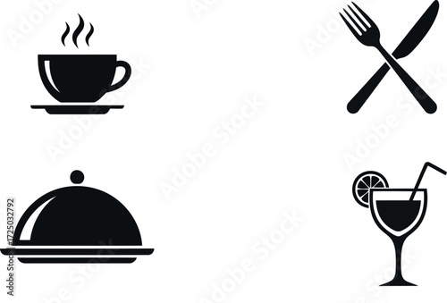 Set of four black silhouette icons representing food and drink services including a coffee cup cutlery a cloche and a cocktail glass isolated on transparent background