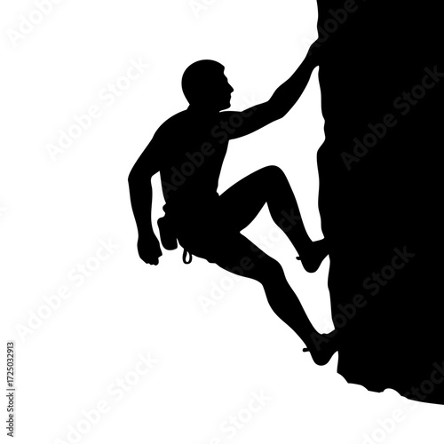 Silhouette of man climbing rock wall with one arm raised  