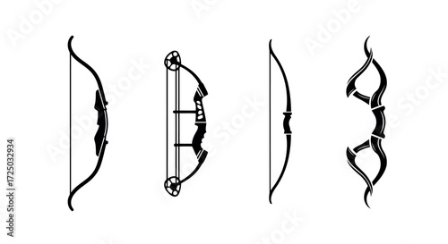 Collection of four distinct archery bows depicted as black silhouettes isolated on a transparent background showcasing different styles and designs for hunting and sport isolated on transparent backgr