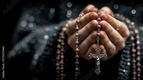 Female hands praying holding a rosary with Jesus Christ in the cross or Crucifix on black background. Woman with Christian