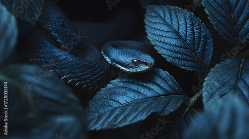 Hidden snake waiting to strike, dark blue leaves enveloping its body