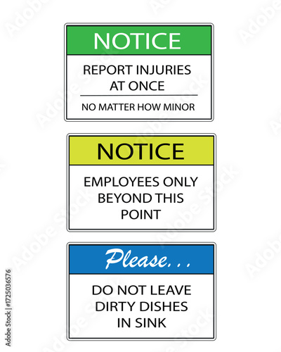 Workplace Safety and Employee Notice Signs Set – Report Injuries, Employees Only, Do Not Leave Dirty Dishes – Office, Kitchen, Staff Room, Business Safety Signage Vector Illustration