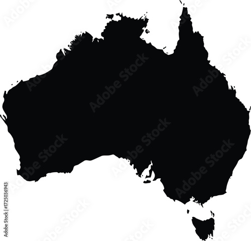 A black silhouette map of Australia including the island of Tasmania, isolated on a plain white background.