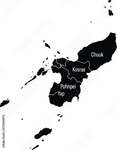 Black silhouette map of the Federated States of Micronesia, with the four states of Yap, Pohnpei, Kosrae, and Chuuk labeled.