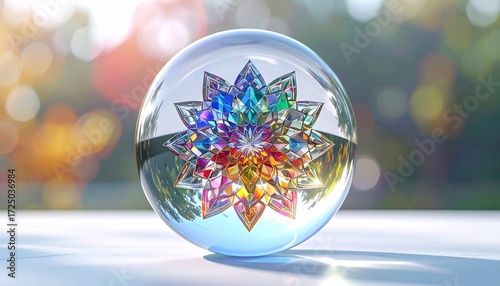 Abstract crystal mandala suspended in clear glass orb, prismatic facets refracting rainbow hues with precise angular designs, floating in serene void, photographed realistically in sharp focus as if b