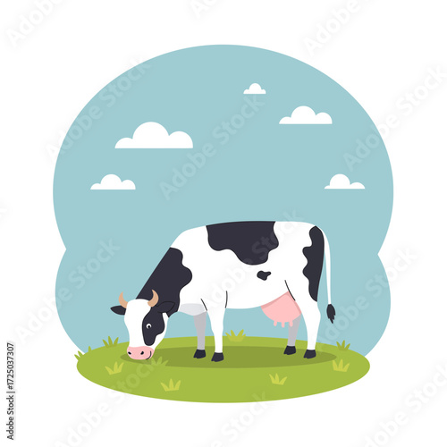 animal vector of Cartoon flat design cow grazing, simple farm background