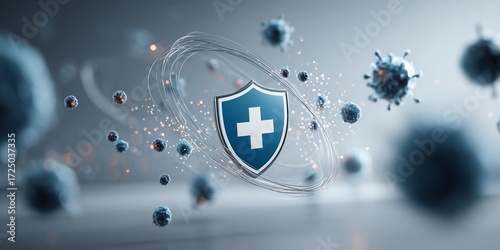 Blue shield with a white medical cross symbol surrounded by an abstract protective barrier fighting off floating virus and bacteria particles, illustrating health and immunity concept.