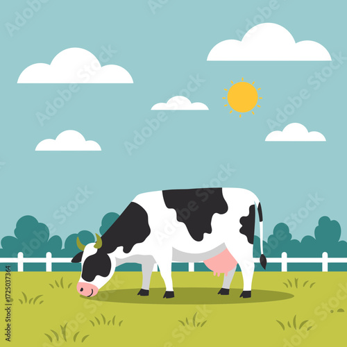 animal vector of Cartoon flat design cow grazing, simple farm background