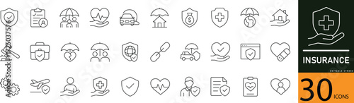 Minimal Insurance Line Icon Set 30 Outline Symbols for Protection, Safety, and Security Design