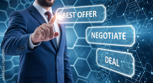 Best Offer, Negotiate and Deal Business Professional Pointing to Glowing Buttons on a Digital Interface