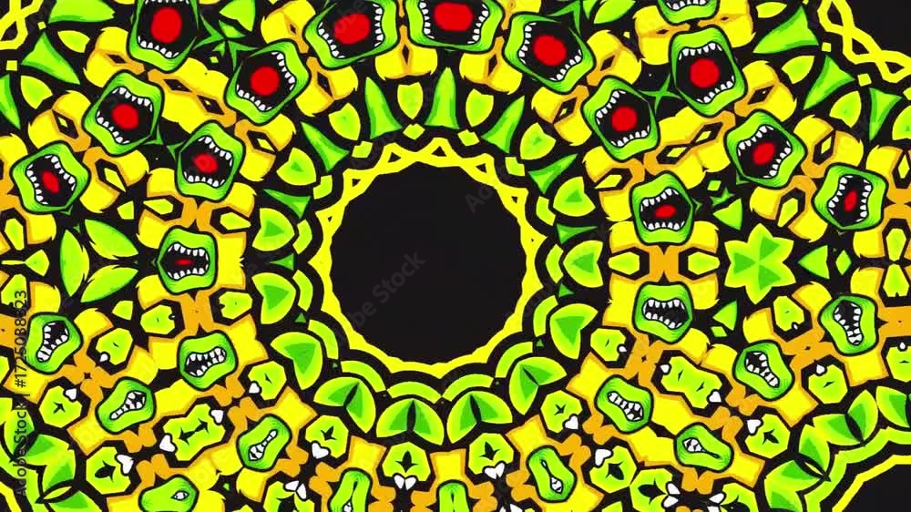 Dynamic hypnotic kaleidoscope video loop with vibrant green and yellow geometric patterns, perfect for backgrounds and visual effects, creating unique visuals