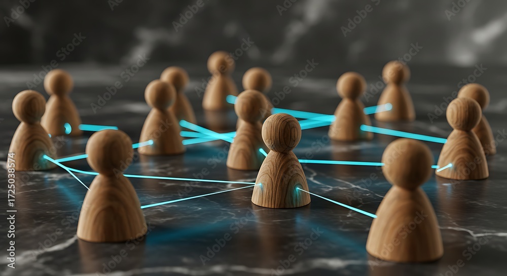 Obraz premium Connected Wooden Figures on Marble, Glowing Blue Links Network