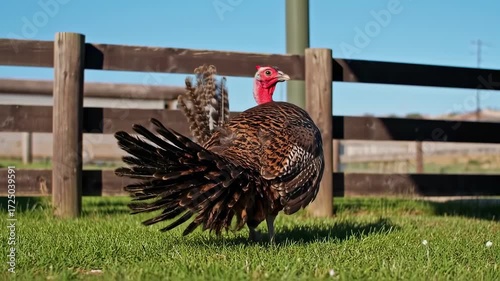 Fowl standing on a grassy field, near a wooden fence