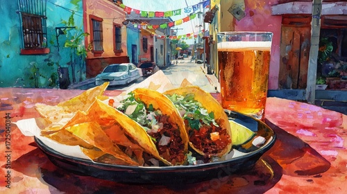 Vibrant watercolor painting depicting a plate of tacos and beer on a table in a festive mexican street scene