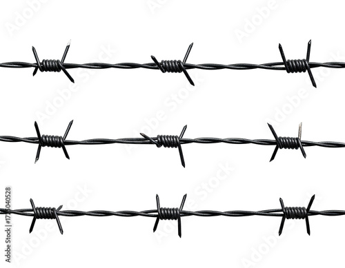Close-up of three parallel rows of barbed wire against a black background.  Sharp points and twisted wire strands are clearly visible