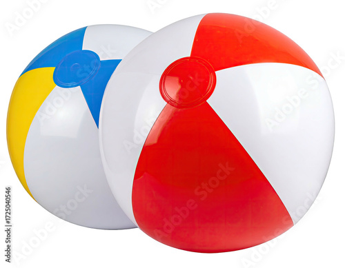 Two colorful beach balls, one blue and yellow, the other red and white,  close together against a black background