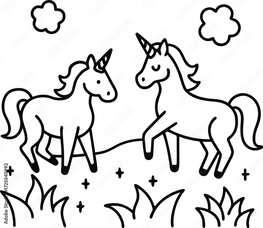 Fototapeta premium cute unicorns enchanted meadow playing illustration on transparent