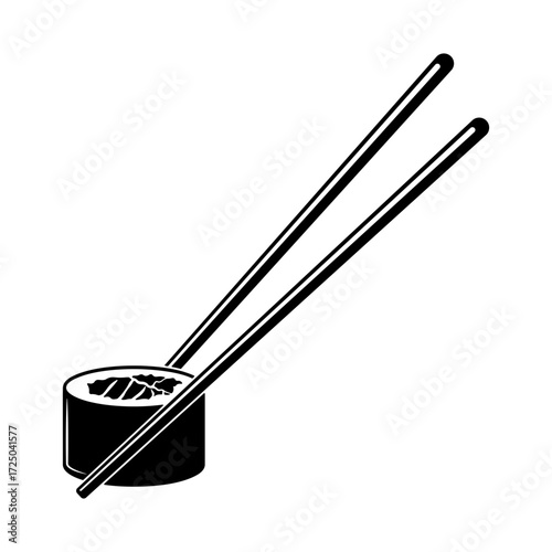 Black and white sushi icon with chopsticks without background.