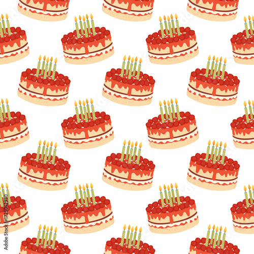 Seamless birthday pattern for a gift bag. Berry cake with red cream and jam, with lit candles on a white background. Vector illustration. Print for packaging and wrapping paper. Bright festive ornamen