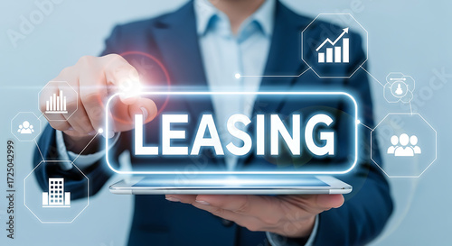 Business concept of leasing with financial growth icons and people icons in a digital display