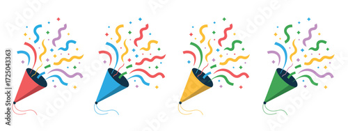 Party Icon Set – Colorful Confetti Popper Illustration Collection – Vector Celebration Symbols for Event, Holiday, Birthday, and Festival Designs – Fun Festive Graphics Pack