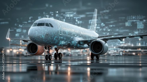 An airplane is parked on the runway of a modern airport as digital data displays hover around it, creating a futuristic atmosphere during the evening hours