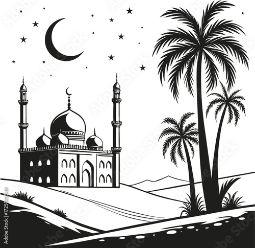 Mosque and Palm Trees Silhouette Vector Art