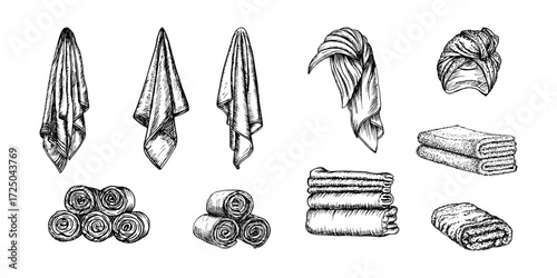Rolled, folded towels, towels on a head, piles of towels sketch illustration collection. Drawing in an engraving style. Hand-drawn vector outline line art clipart, isolated