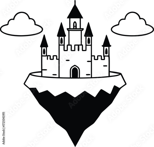 fantasy castle surrounded by floating islands illustration on transparent background