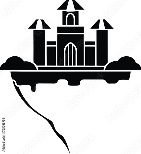 fantasy castle on floating islands with waterfall illustration on transparent background