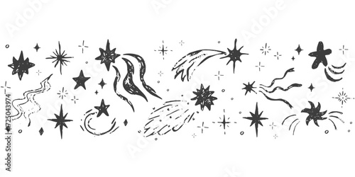 Star border spark crayon bling falling stars textured hand drawn divider. Simple chalk festive shiny space elements, festive lights 