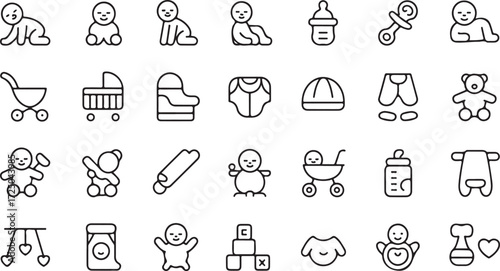 Collection of black line art icons depicting baby items and activities infant child
