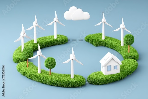 Renewable energy landscape featuring wind turbines surrounded by green shrubs showcasing commitment to sustainability and eco-friendly practices in modern living environments