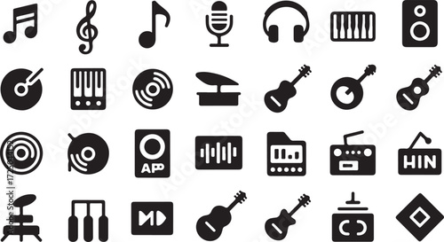 Collection of black music and audio icons on white background sound symbol