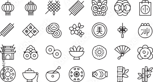 Collection of Chinese New Year and cultural icons in black outline style symbol lantern 1