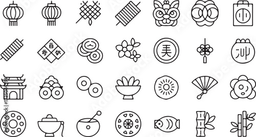 Collection of Chinese New Year and cultural icons in black outline style symbol lantern