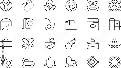 Collection of minimalist line art icons featuring plants objects and abstract shapes