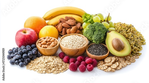 Colorful arrangement of fresh fruits nuts and grains on white background