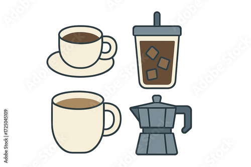 Stylized graphic collection featuring hot coffee cups, an iced beverage, and a traditional moka pot for brewing